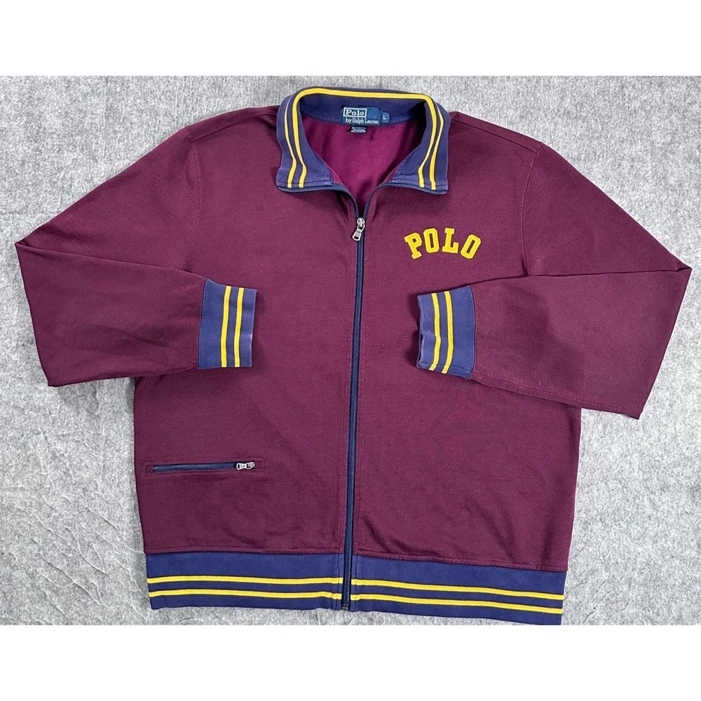 Vintage Polo Ralph Lauren Mens L Full Zip Track Jacket Maroon Burgundy Yellow